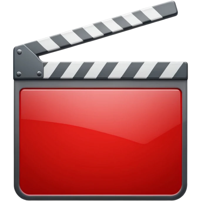 Glossy bright red clapperboard in the classic style of Apple icons: the top bar is tilted up-left, the body and bar with a deep glossy glare, dark gray edging, black background inside, perfectly square with rounded corners. emoji
