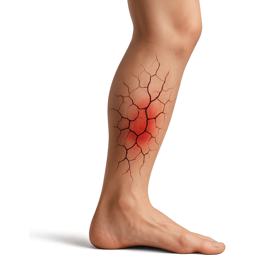realistic human leg with overload represented by stylized cracks on the skin, red area, 3D effect, isolated on white background emoji