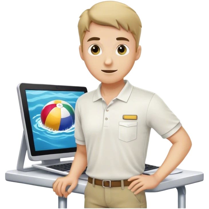 Pool attendant supervisor. white polo shirt. khaki shorts. on the computer emoji