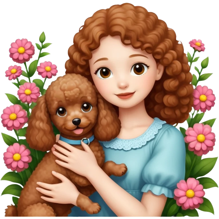 A beautiful girl happily hugs a brown toy  poodle in the flowers emoji
