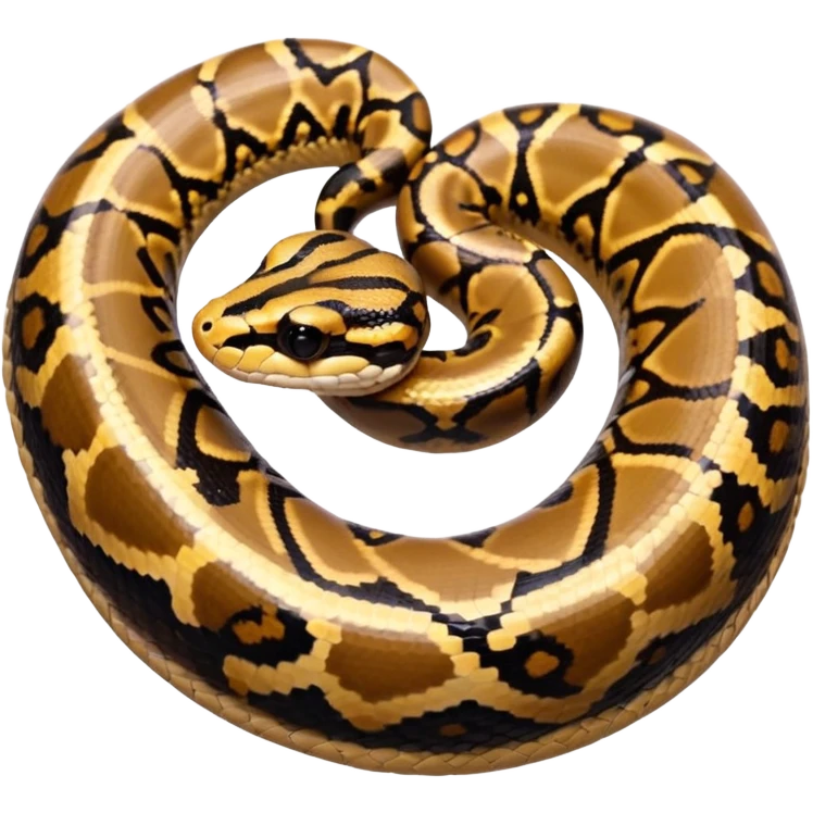 A photo-realistic top-down view of a Ball Python gently coiled into a tight spiral, with its head resting peacefully at the center. Its scales are warm brown with bold, irregular black markings, including the distinctive “alien-head” pattern, flowing smoothly along its body.  emoji