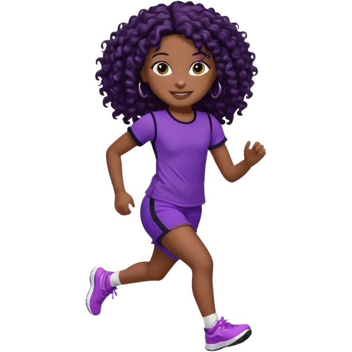 Uma boneca morena escura com olhos castanhos e cabelo cacheado longo preto até o peito, treinando correndo a roupa top roxo com detalhes preto e short roxo com detalhes preto emoji