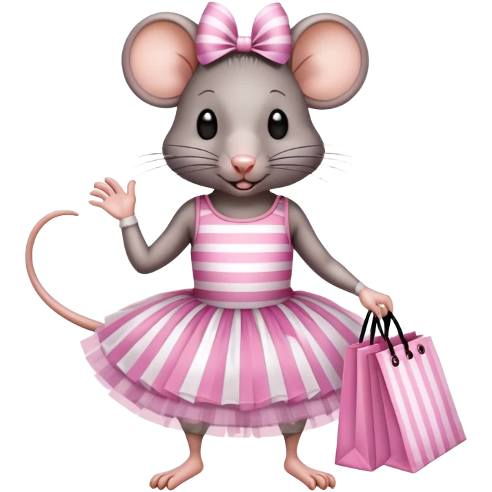 rat with a pink dress and tutu holding a black and white striped shopping bag emoji