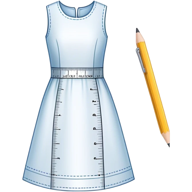 Icon for Fashion Design: a dress pattern with measurements, a ruler, and a pencil. The icon should represent the process of designing clothing with a focus on precision and tailoring. Transparent background. emoji