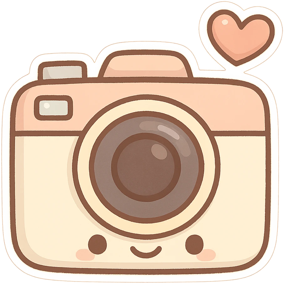 chibi sticker-style camera with a heart accent, cute and exaggerated emoji