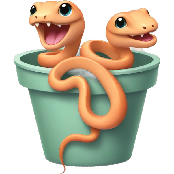 2 baby peach colored snakes, sitting together inside an empty flower pot  emoji