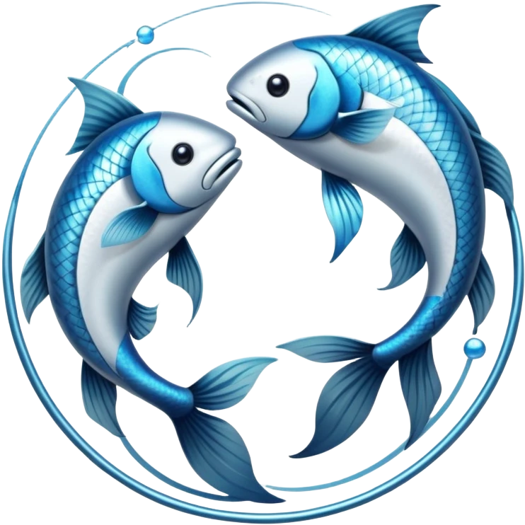 The zodiac symbol Pisces. Two fish in a “yin-yang” formation. One fish’s head is facing the other fish’s tail, and vice versa forming a hoop emoji