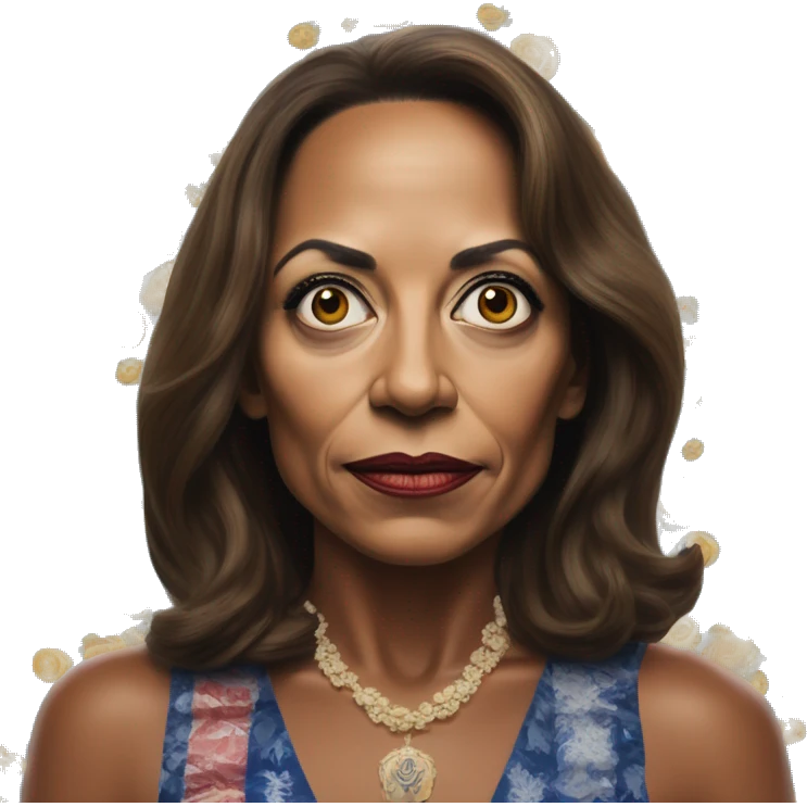 US president Kamala in Bond style, oil paint, mysterious eyes, intricate lips, masterpiece portrait, odd perspective, beautiful, desirable, logical, midsommar, ikea emoji