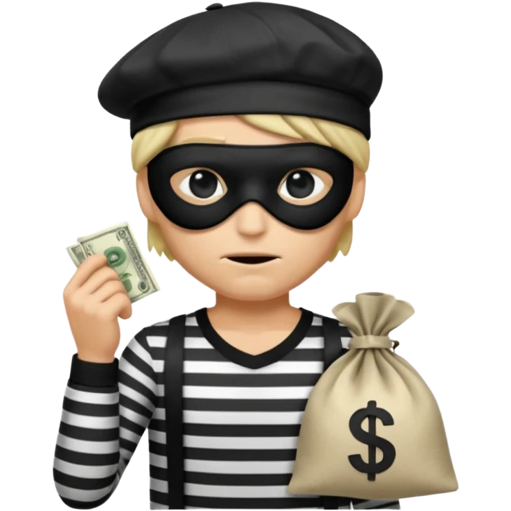 a short ios emoji-style portrait of a classic burglar, a black eye mask (looks like a blindfold) and a black-and-white striped shirt. emoji-like hair, black hat, ONE bag of money 💰 with a dollar sign in a right corner, evil expression WITHOUT a hand  emoji