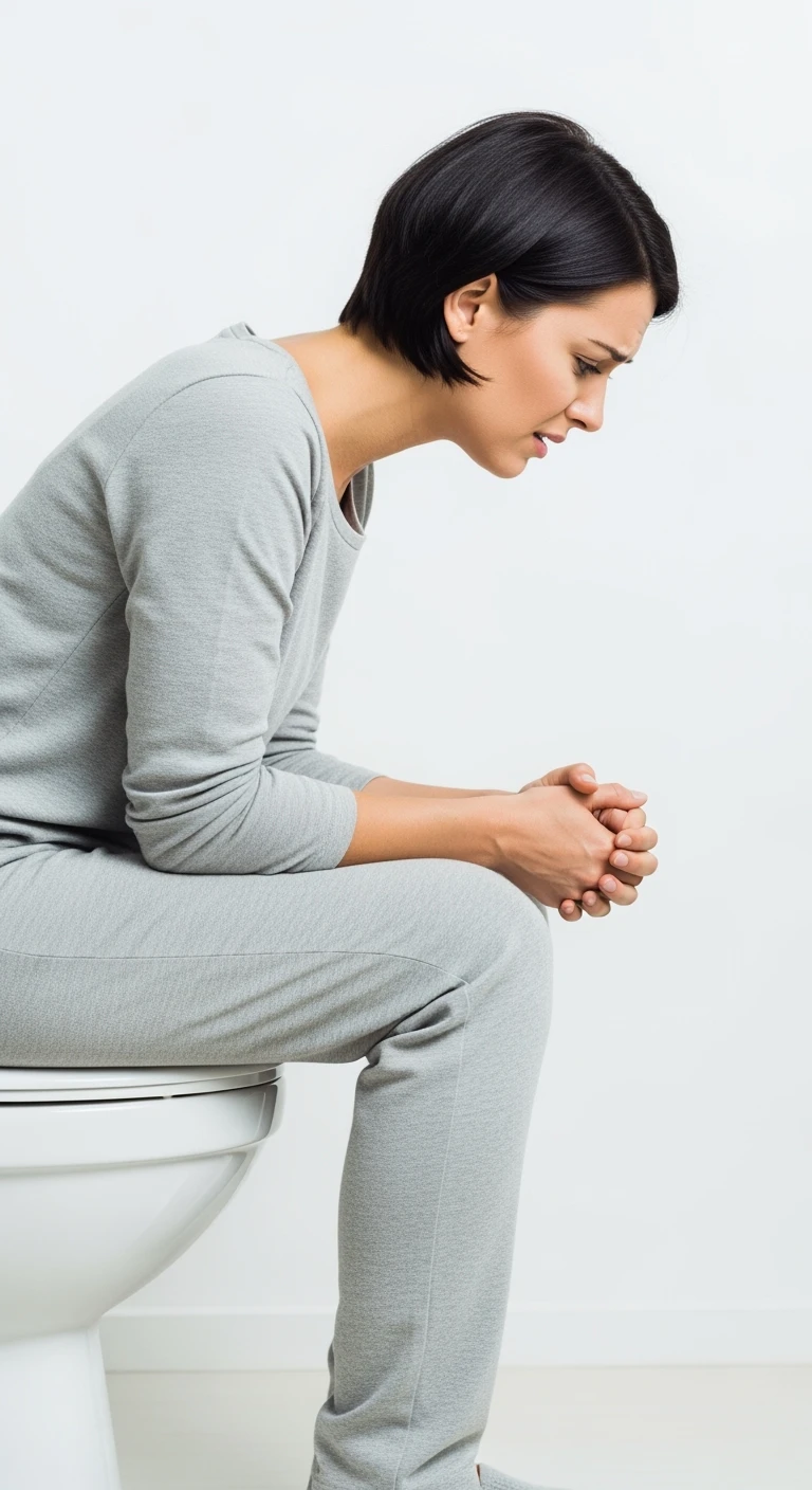 DONNA SEDUTA SUL WC DI PROFILO CON ESPRESSIONE DI DOLORE IN VOLTO PERCHé SOFFRE DI CISTITE, SFONDO BIANCO emoji