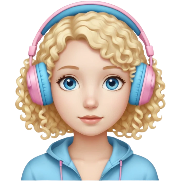 Girl Emoji, White Skin, Blue Eyes, Short light blonde golden curly hair in a long bob wearing light pink head phones  emoji