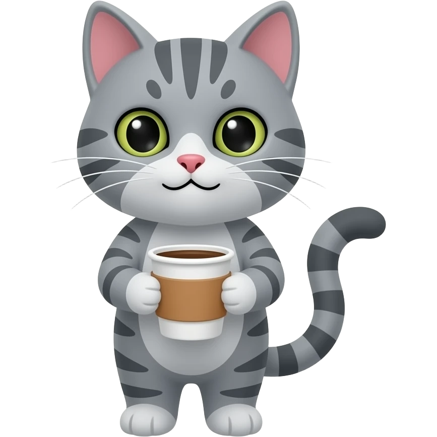 grey striped cat holding coffee cup emoji