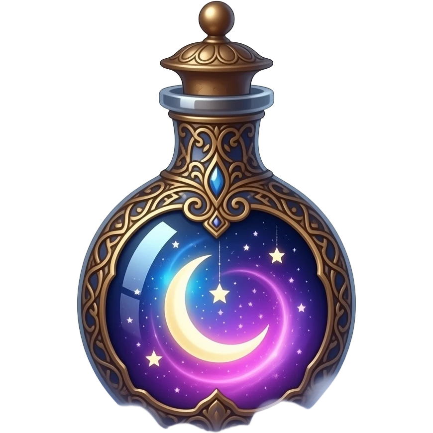 ornate glass vial with metallic filigree, swirling cosmic nebula inside, glowing purple‑pink‑blue light, crescent moon and tiny stars suspended in liquid, resting in soft mist, ethereal magical atmosphere emoji