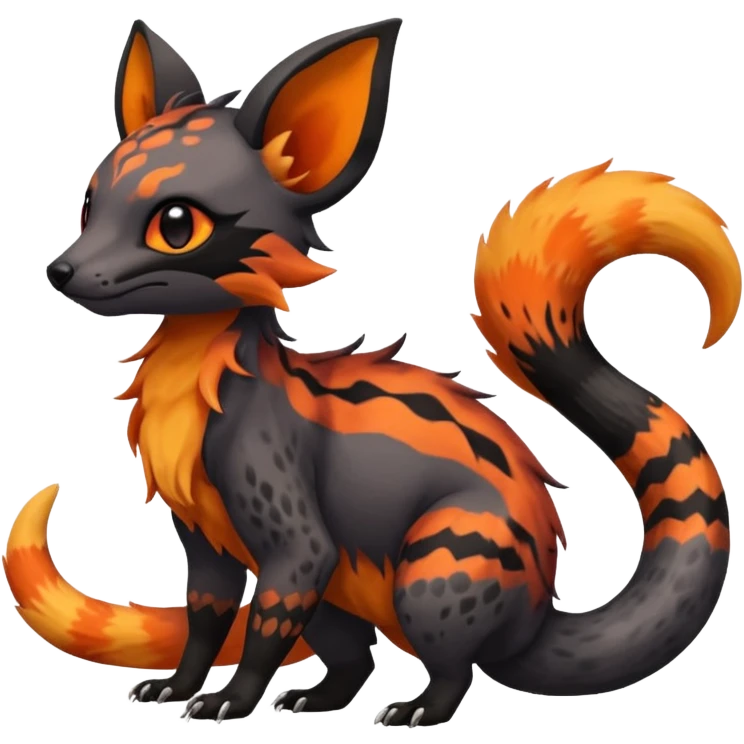 Rare exotic realistic cute epic aesthetic gothic colorful Salandit-Eevee-Civet-species-Fakemon-hybrid-creature, with markings, full body emoji