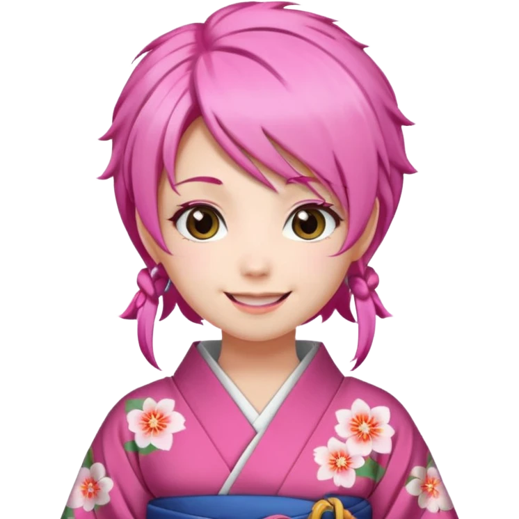 anime girl pink hair smiling , in kimono emoji