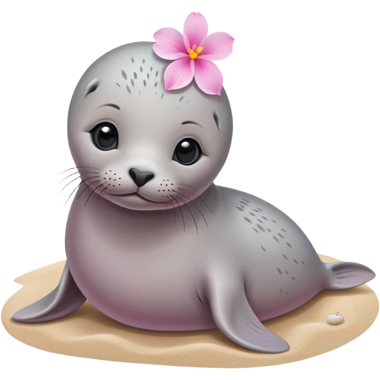 A small, slim baby seal resting gracefully on a sandy beach, with a delicate pink flower placed on its head.  Grey color emoji