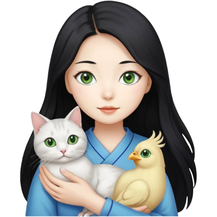 A pretty Korean woman with long black hair, white skin, holding a gray-lined green-eyed cat and a white blue-eyed blind chicken cat
 emoji