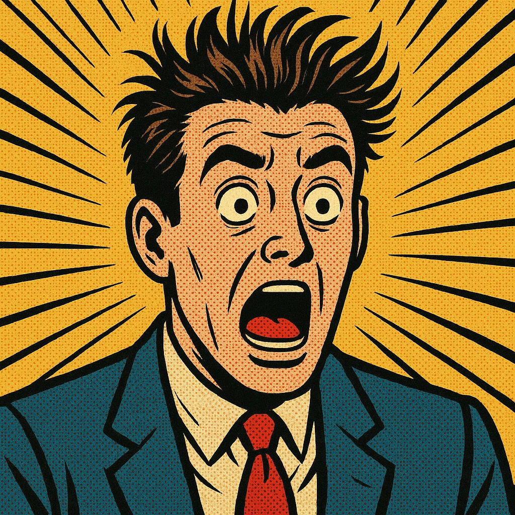 shocked comic style face, exaggerated background lines, hair standing up emoji