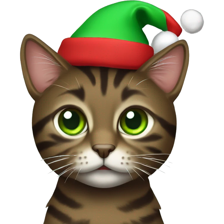 Dark brown tabby cat with green eyes wearing Christmas hat emoji