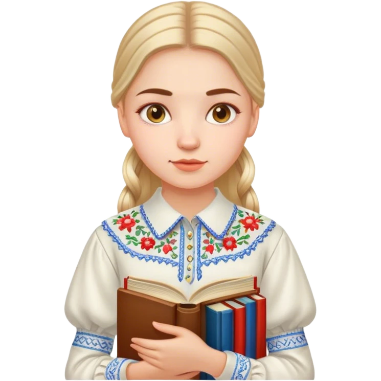 A Ukrainian girl in an embroidered shirt holds many books emoji