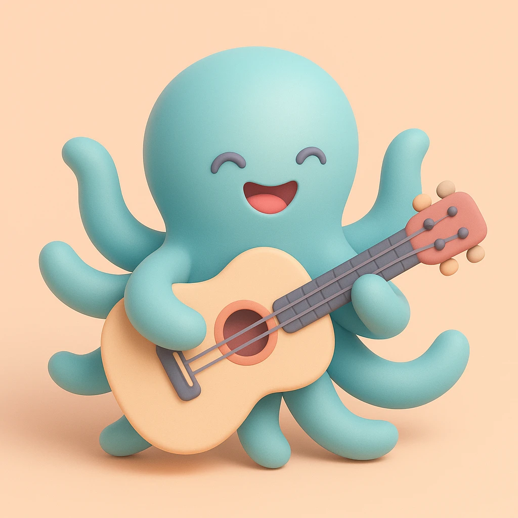 happy octopus with multiple arms playing guitar emoji