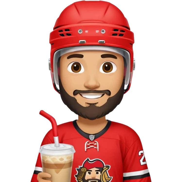 hockey player with a beard with iced coffee in red and black jersey wearing a hockey helmet smiling missing teeth  emoji