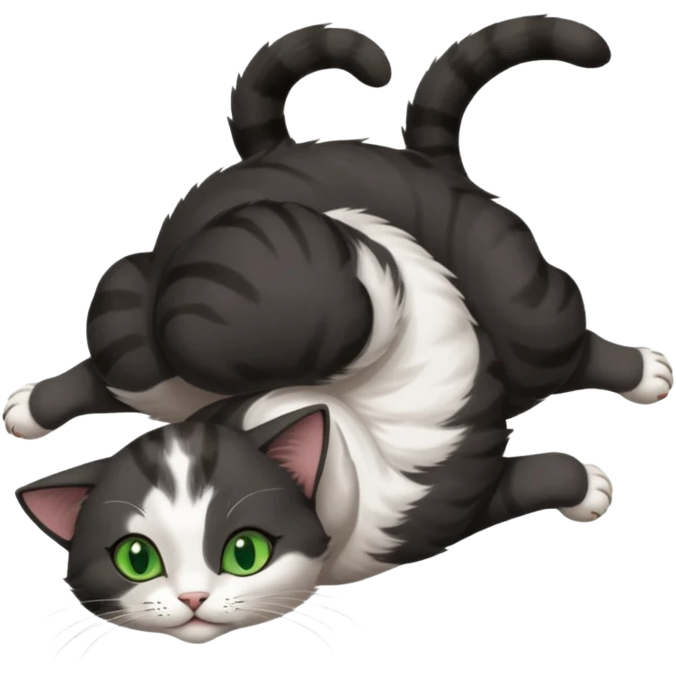 beautiful female solid dark grey cat with green eyes, white toes/paws and white patch on her chest playfully rolling upside down emoji