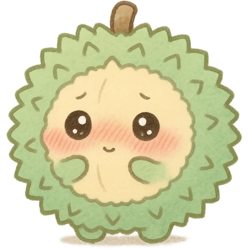 chibi style soft fluffy durian character, round, green spiky shell, yellow flesh, blushing, shy, sparkly eyes, pastel palette, full-body emoji