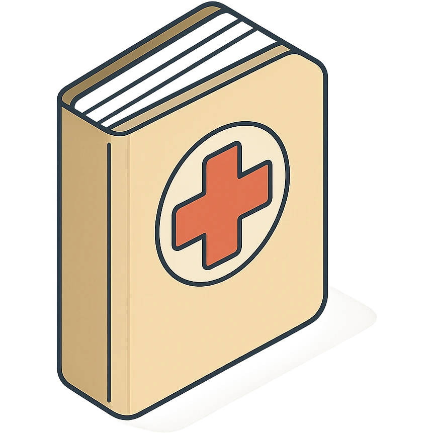 medical record with red cross on cover, 2D isometric style, very detailed drawing, shadows and highlights, clean contours, soft lighting, transparent background emoji