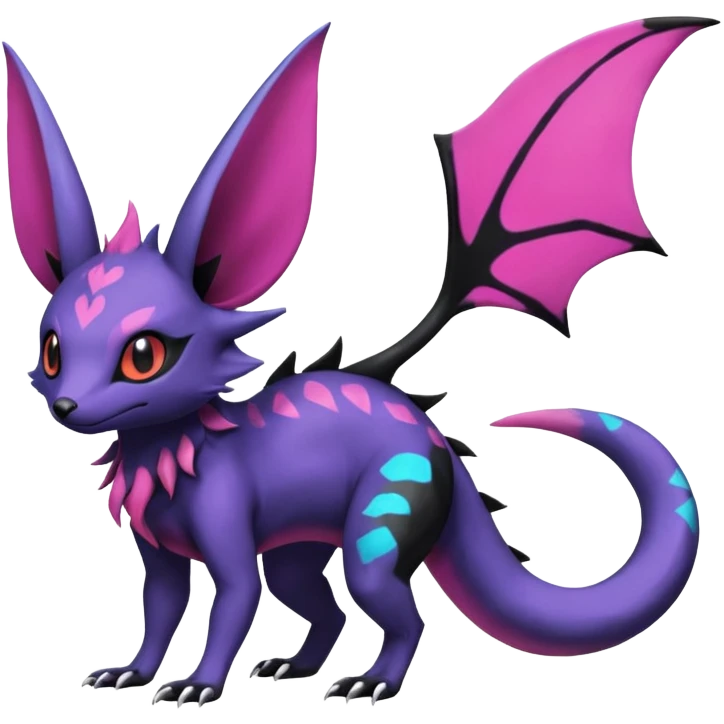 Rare epic aesthetic colorful Salandit-Noibat-Eevee-Genet-species-Fakemon-hybrid-creature, with markings, full body emoji
