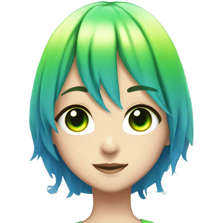 A anime girl with green glowing eyes and rainbow hair and a beautiful blue dress emoji