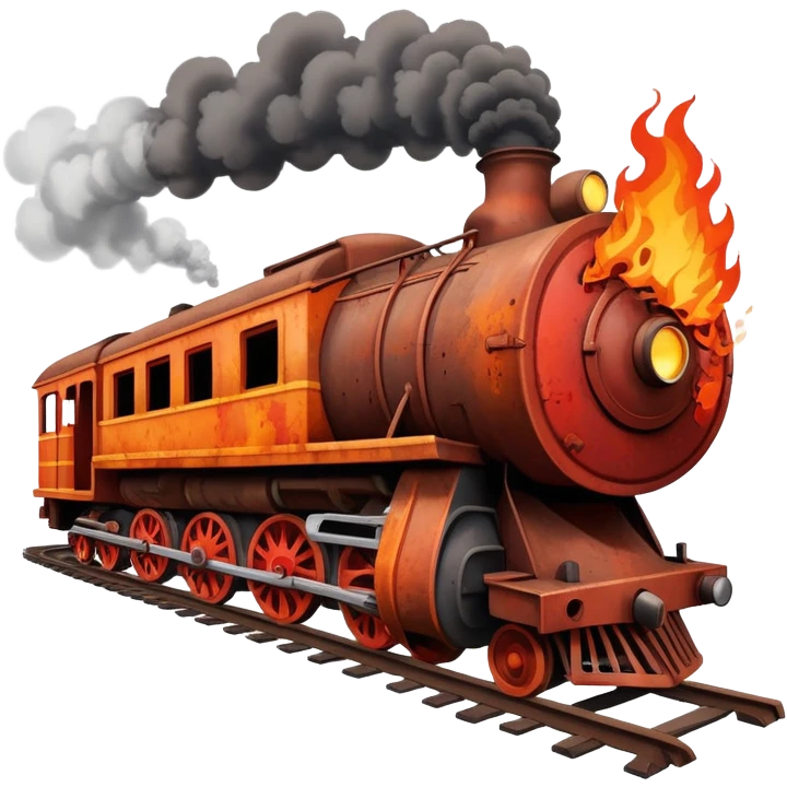 an old broken rusty train going up in flames emoji