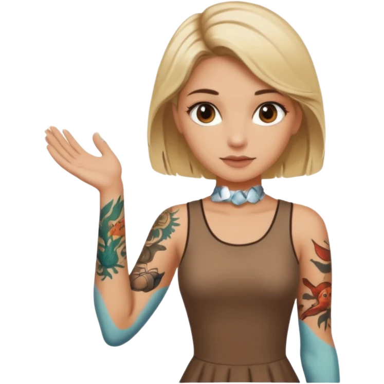 Blonde white girl with dark roots, sunkissed tan, and marine life tattoos on one arm wearing brown dress. Brown eyes emoji