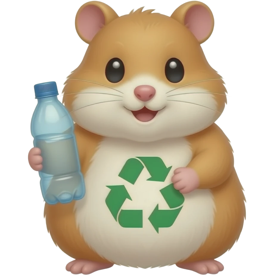 Cute chubby cartoon-style hamster holding plastic bottle to recycle emoji