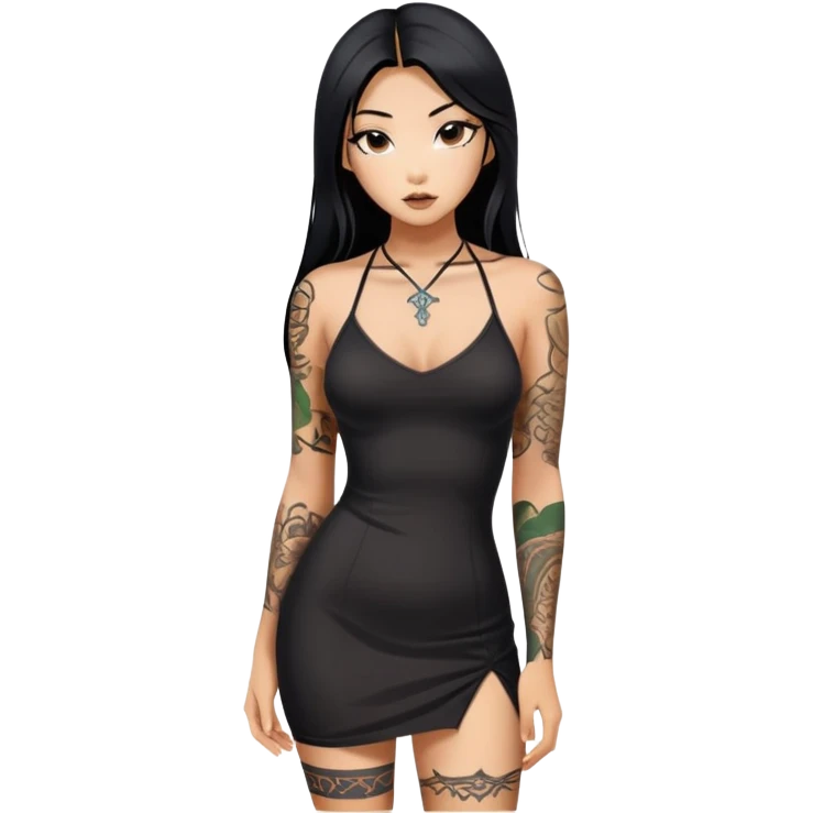 Beautiful and fit Asian girl with long black hair and body tattoos sexy pose in sexy mini black dress sfw emoji