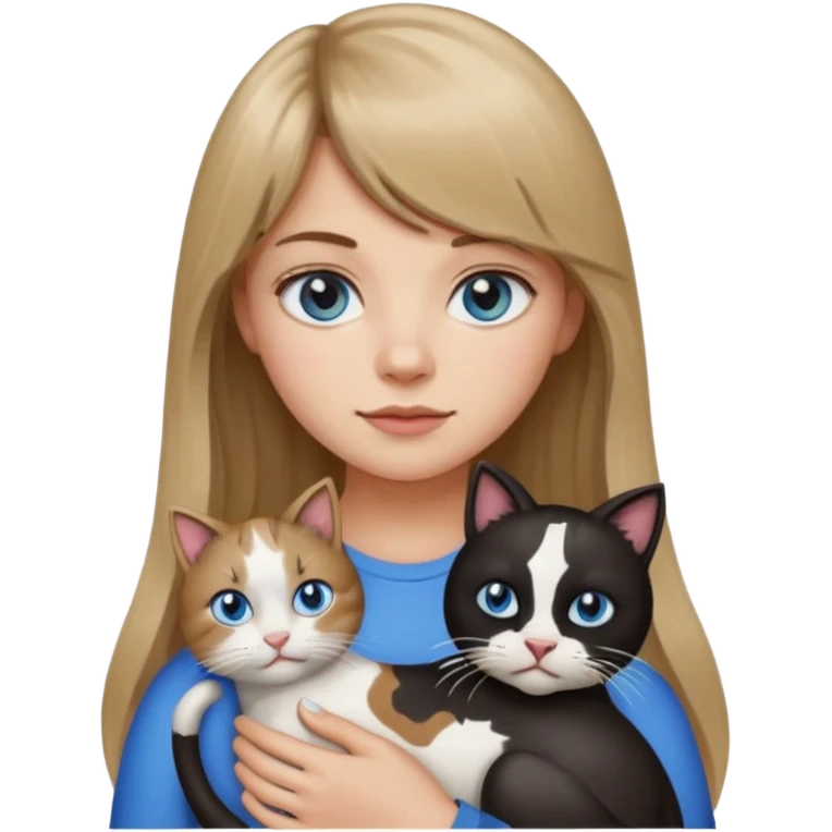 Apple-style emoji sticker of a young woman with long dark blond hair and bang, blue eyes , holding a cat black and white like a cow patch on her chest.  emoji