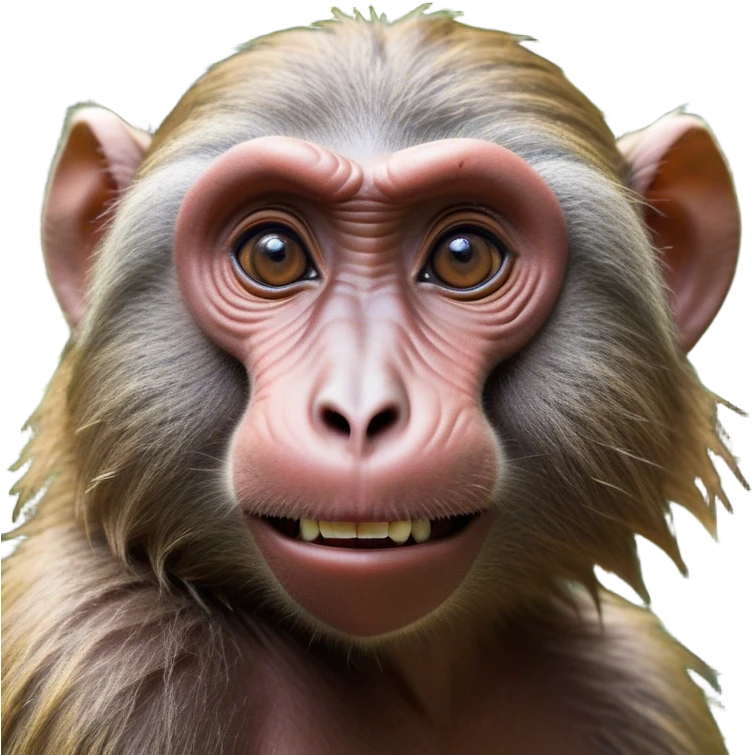Cinematic Realistic Comical Baboon Portrait Emoji, Head tilted dramatically with an exaggeratedly amused expression, featuring a striking, ruggedly textured face with boldly expressive eyes full of playful disbelief, rendered with vivid, lifelike detail and natural earthy hues, high shine, dramatic yet playful, styled with an air of cheeky jungle mischief, soft glowing outline, capturing the essence of a spirited and over‐the‐top baboon that looks ready to chatter its way into viral fame! emoji