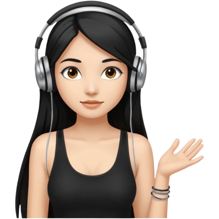 a fair indian girl with straight black long hair, wearing a black cami top. and wearing silver  headphones on emoji