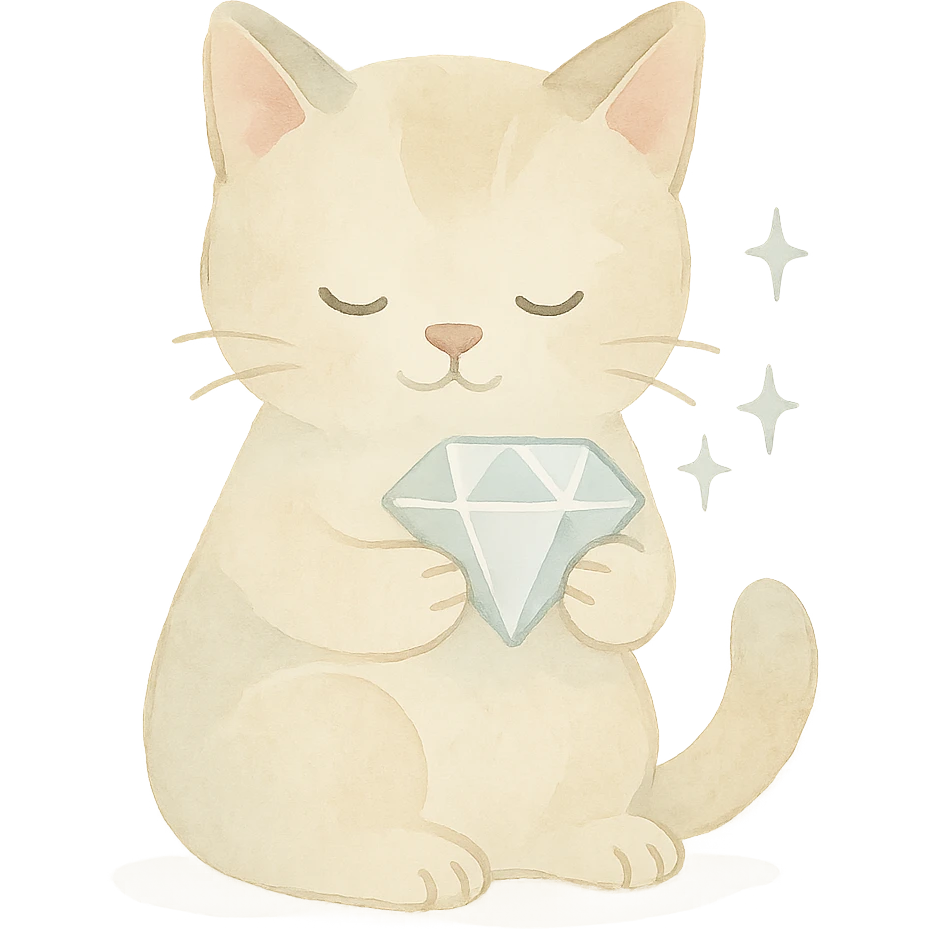 cute cat holding a sparkling diamond, watercolor style, soft colors, gentle shading emoji