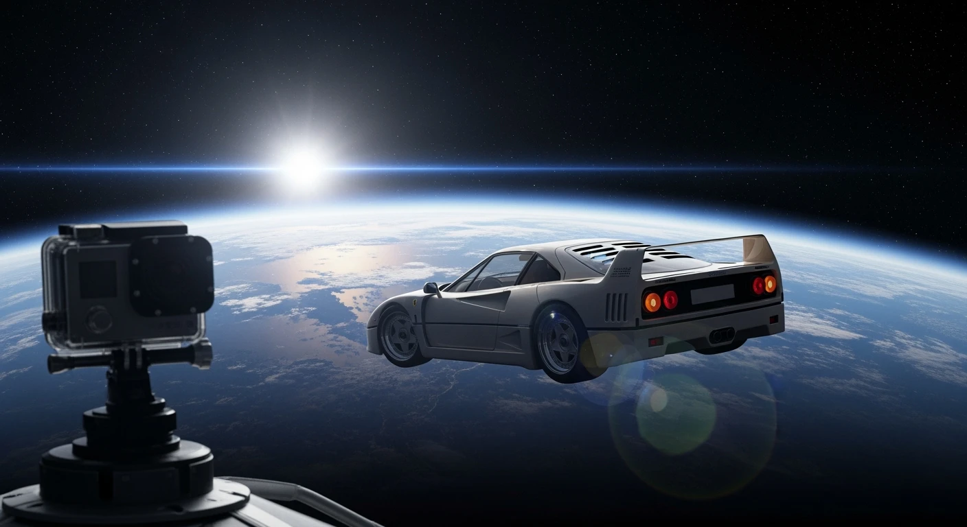 Cinematic still of a ferrari f40 floating in space, shot by space camera connect to spaceship, sun flare, big earth in background, captured by gopro emoji