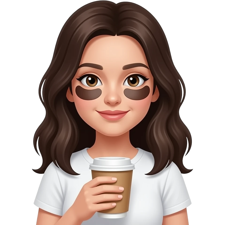 emoji apple chica de piel blanca, morena de pelo suelto que se le vea bien la cara con unos parches de contorno de ojos que se colocan bajo los ojos, sobre las ojeras negros puestos en la cara y que esté sujetando una taza de cafe. tiene que cubrir toda la ojera. camiseta blanca emoji