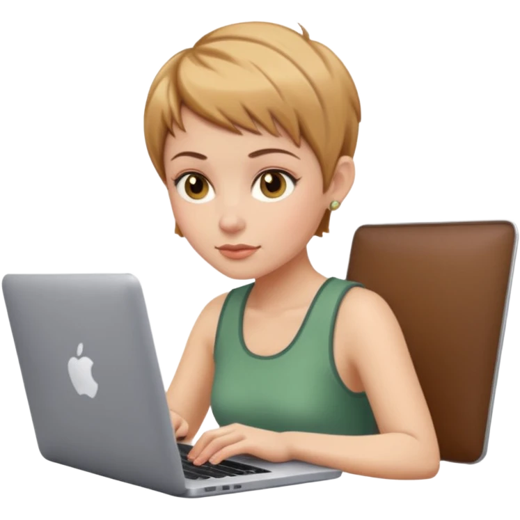 macbook pro white woman pixie haircut light brown hair hazel eyes playing computer games emoji