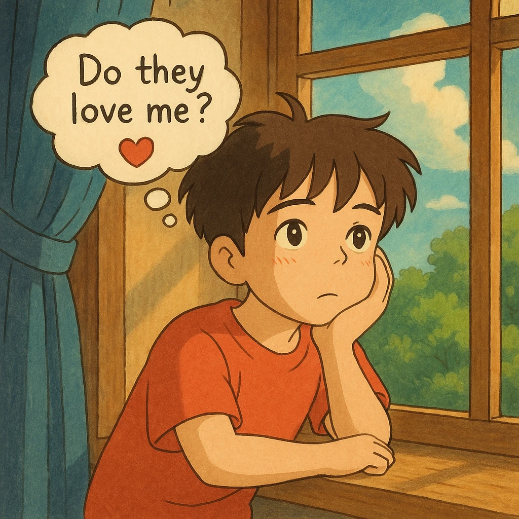 ghibli style illustration of a boy gazing out a window, dreamy expression, thought bubble with 'do they love me?' and a heart emoji