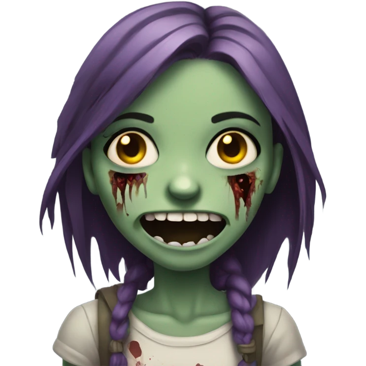 influenced zombie girl, sad but smiling with rotten teeth emoji