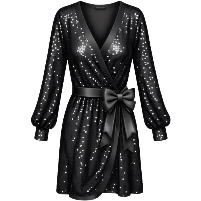 black sequin v-neck wrap dress with a bow and long sleeves, isolated emoji
