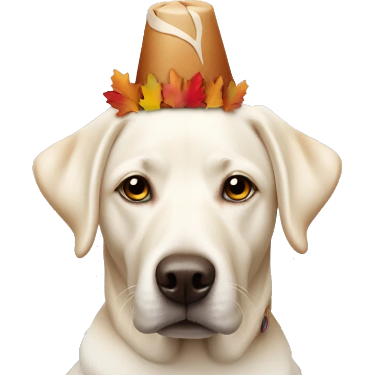 White lab wearing turkey headband emoji