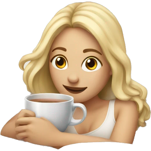 Blonde girl laying in bed with cup of tea and laptop emoji
