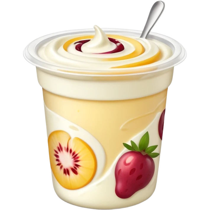 small yogurt cup with peeled-back foil lid, creamy yogurt with fruit swirls, no spoon or extras, soft lighting, subtle shadows, emoji scale emoji