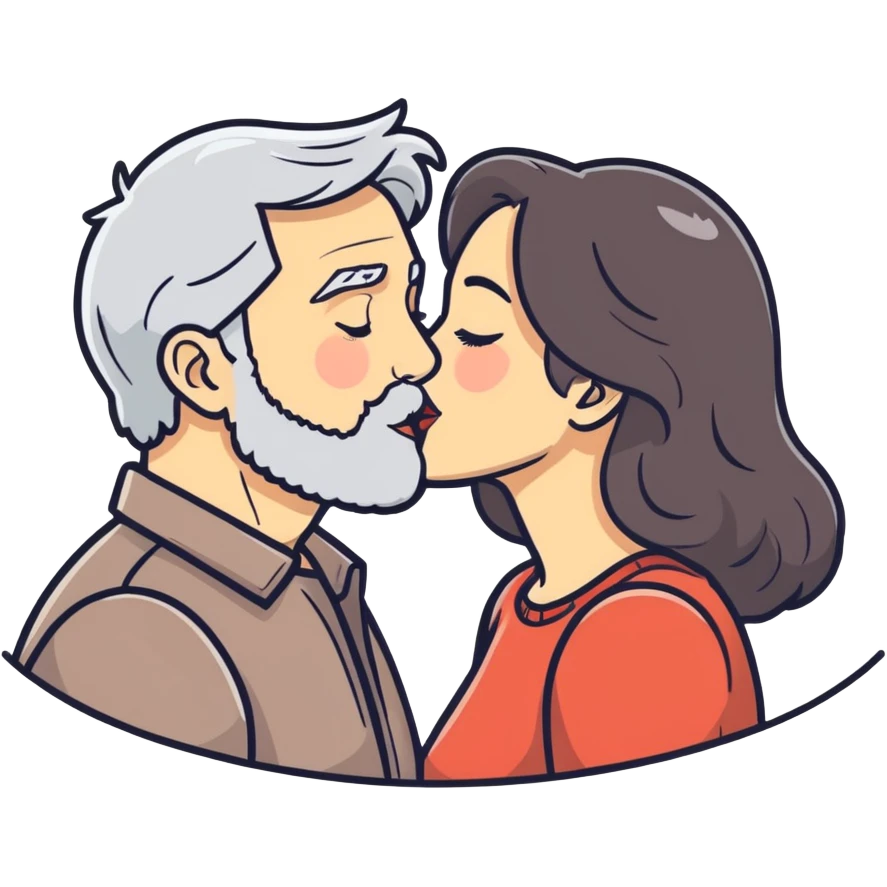 Grey haired bearded man and pretty brunette woman kissing  emoji