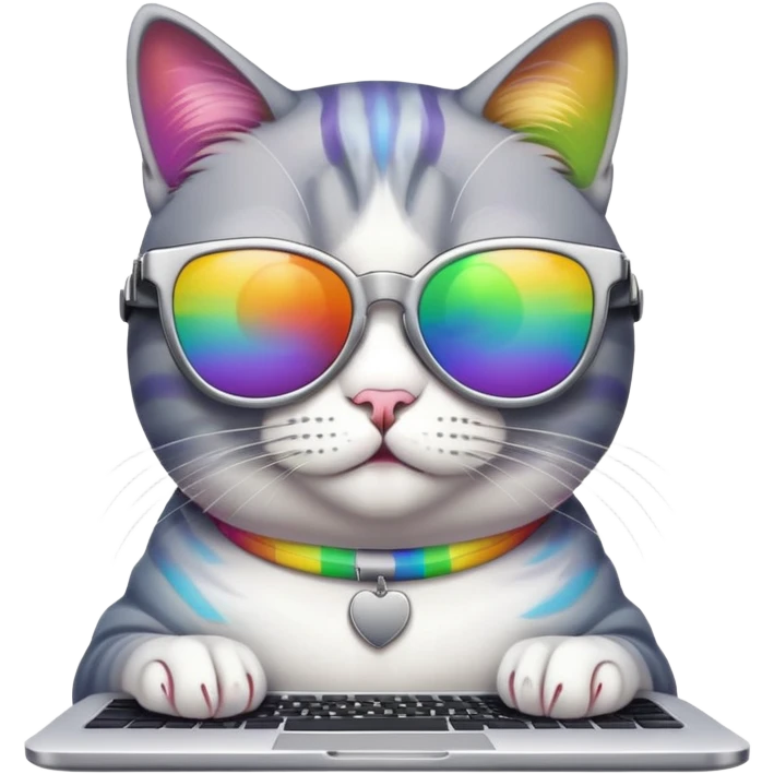 Cat with silver sunglasses working on computer in rainbow  emoji